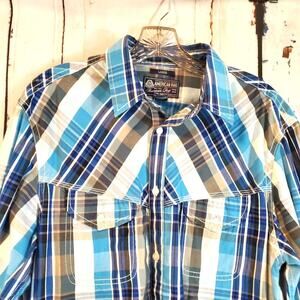 American Rag Western Blue Plaid Button Up Shirt Size L Long Sleeves 2 Pockets